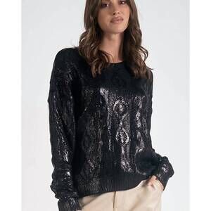 NEW ELAN shiny cable knit sweater in black